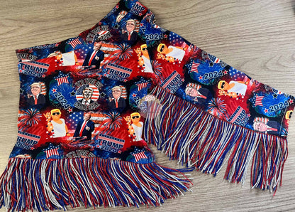 Patriotic Fringed Crop Top/Bell Bottoms/Bow/Trump 2024 Baby Girl Outfit