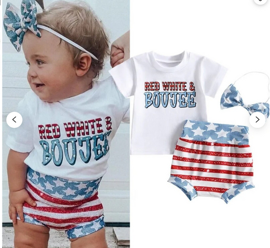 Girls Red White and Boujee T-Shirt, Bummies and Bow