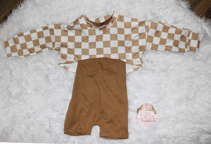 Beige Romper with Checkerboard Crop Top-Checkered Socks-Baby Girl