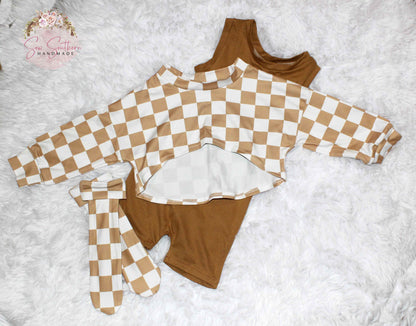 Beige Romper with Checkerboard Crop Top-Checkered Socks-Baby Girl