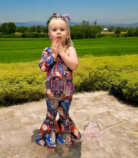 Patriotic Fringed Crop Top/Bell Bottoms/Bow/Trump 2024 Baby Girl Outfit