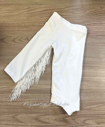 White One Shoulder Fringed Leotard/Baby Girl Leotard/One Shoulder Leotard/Girl's Western Leotard/Western Shirt/Cowgirl Fringe Sleeve Leotard