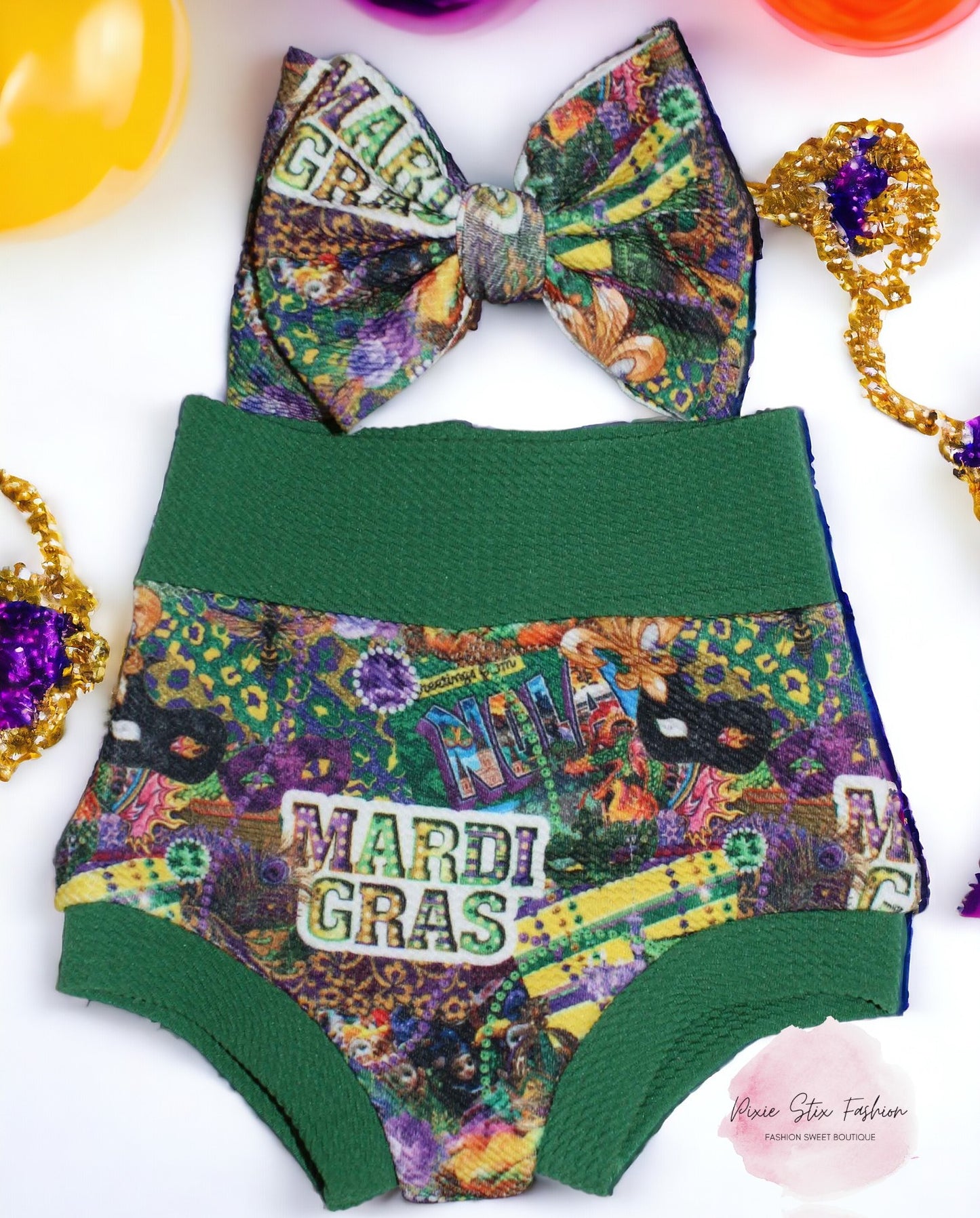 Girl's Mardi Gras Bummies/Mardi Gras Outfit/Baby Gril Mardi Gras Shorts/Mardi Gras Bow