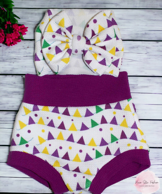 Mardi Gras Baby Bummie and Bow Headwrap/Toddler Bummies/Baby Diaper Cover/Louisiana Baby/First Mardi Gras Outfit/Mardi Gras Flags