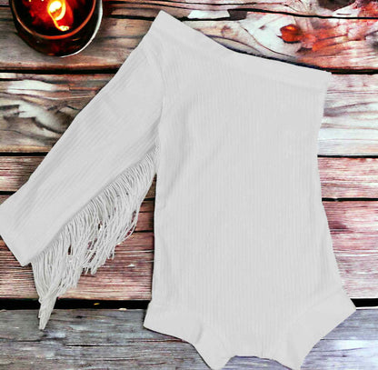 White One Shoulder Fringed Leotard/Baby Girl Leotard/One Shoulder Leotard/Girl's Western Leotard/Western Shirt/Cowgirl Fringe Sleeve Leotard