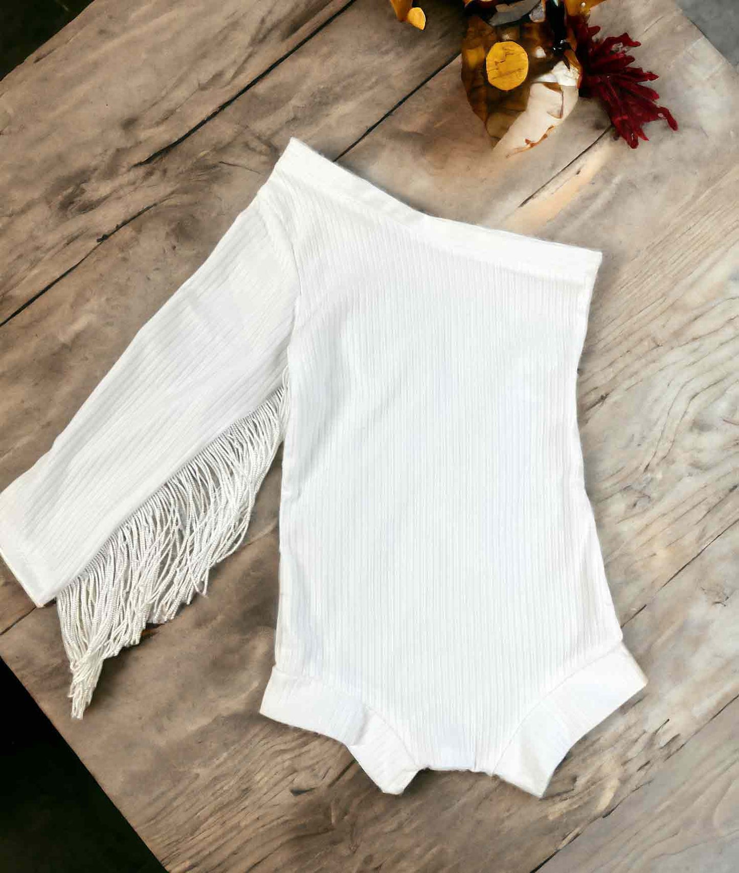 White One Shoulder Fringed Leotard/Baby Girl Leotard/One Shoulder Leotard/Girl's Western Leotard/Western Shirt/Cowgirl Fringe Sleeve Leotard