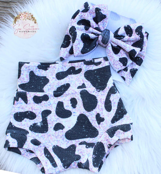 Faux Sparkle Cow Spots Highwaisted Bummies and Bow Set