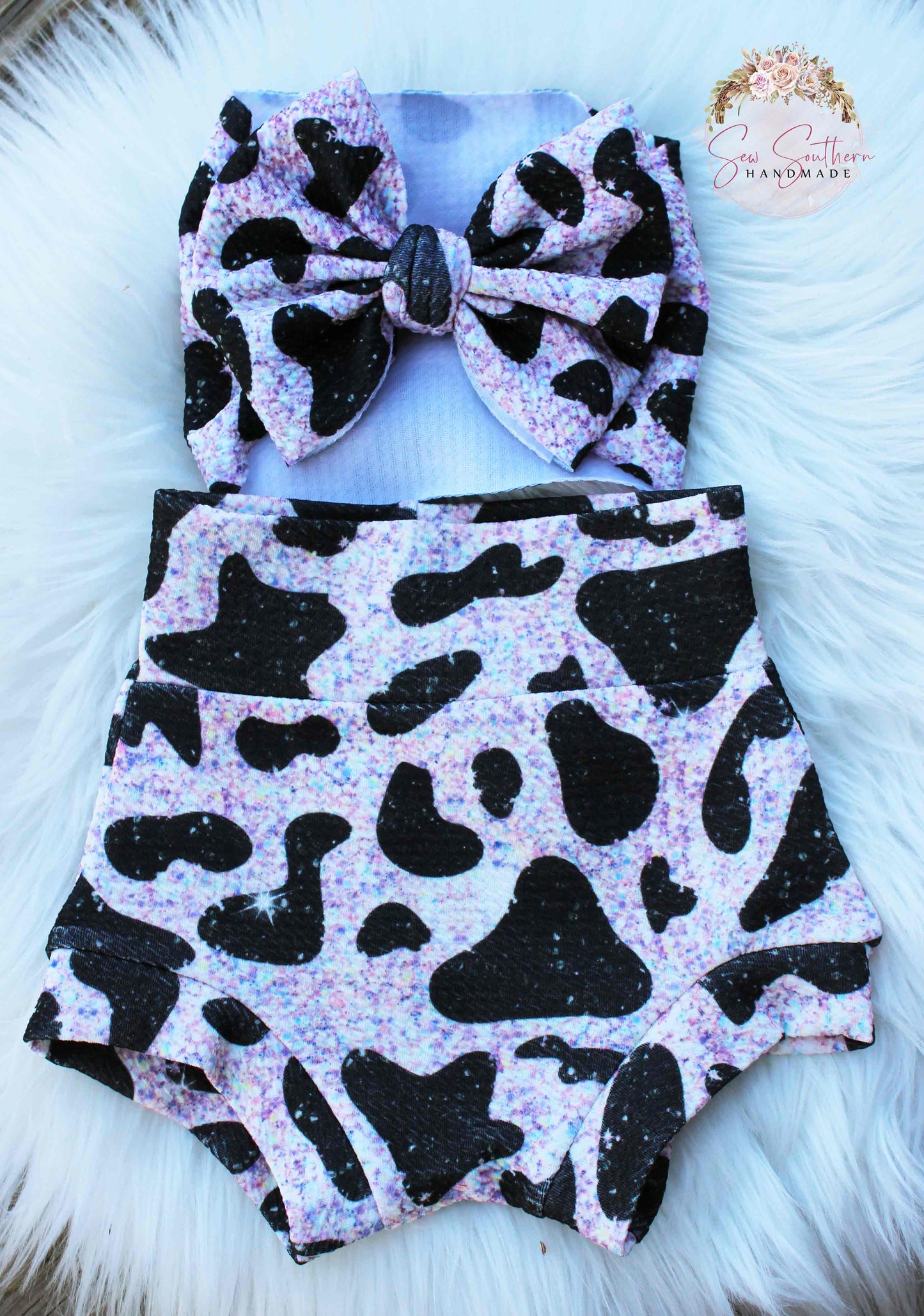 Faux Sparkle Cow Spots Highwaisted Bummies and Bow Set