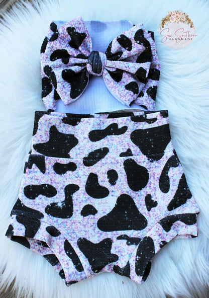 Faux Sparkle Cow Spots Highwaisted Bummies and Bow Set