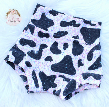 Faux Sparkle Cow Spots Highwaisted Bummies and Bow Set