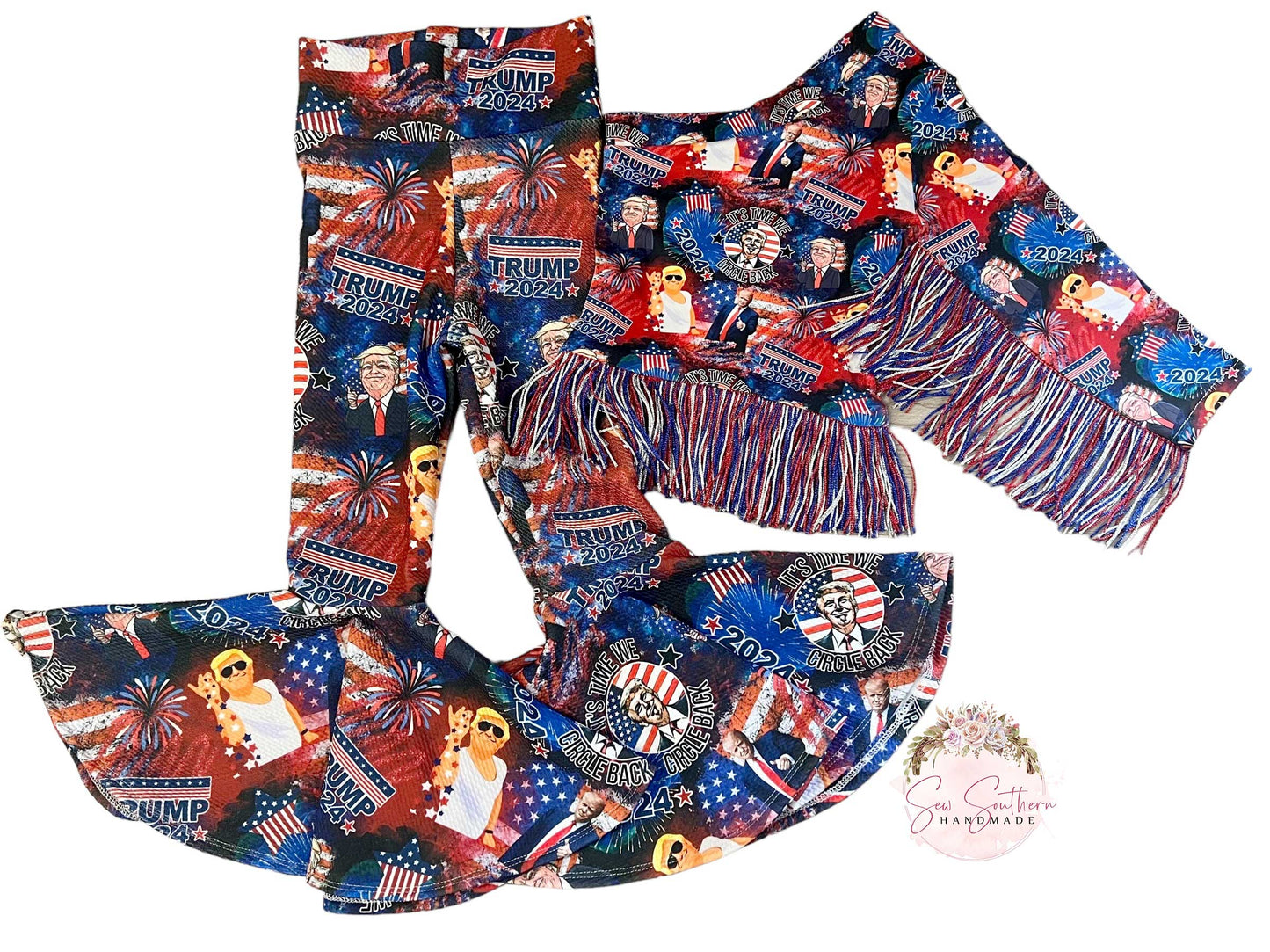 Patriotic Fringed Crop Top/Bell Bottoms/Bow/Trump 2024 Baby Girl Outfit