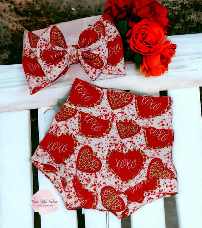 XOXOXO Leopard Hearts Valentine Bummie and Bow Set/Valentines Day Baby Girl Outfit, High Waisted Bummy/Valentine's Day Baby Girl