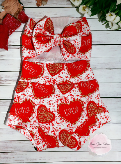 XOXOXO Leopard Hearts Valentine Bummie and Bow Set/Valentines Day Baby Girl Outfit, High Waisted Bummy/Valentine's Day Baby Girl