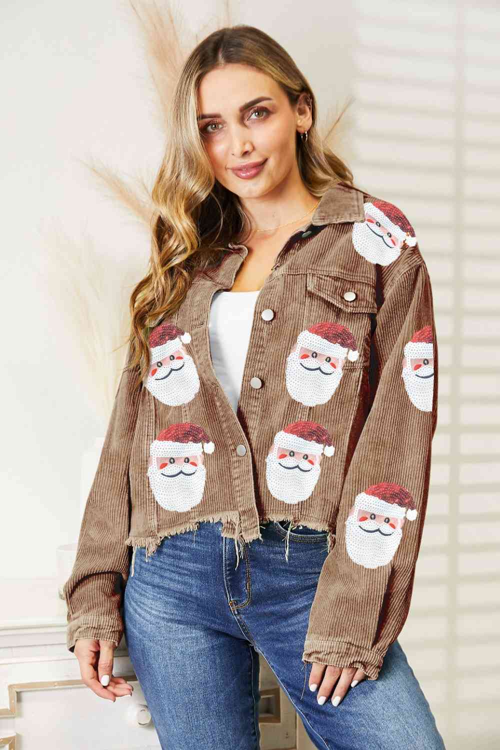 Santa Sequin Raw Hem Buton Front Jacket