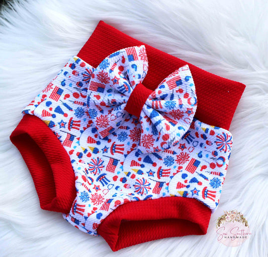 Red, White & Blue Patriotic Bummies Bow Set/High Waisted Bummies
