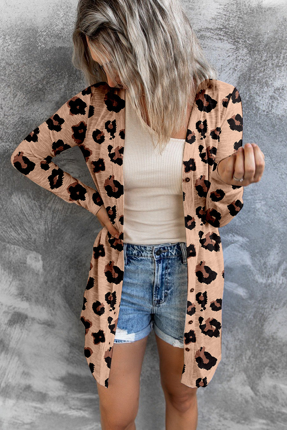 Printed Button Front Longline Leopard Cardigan