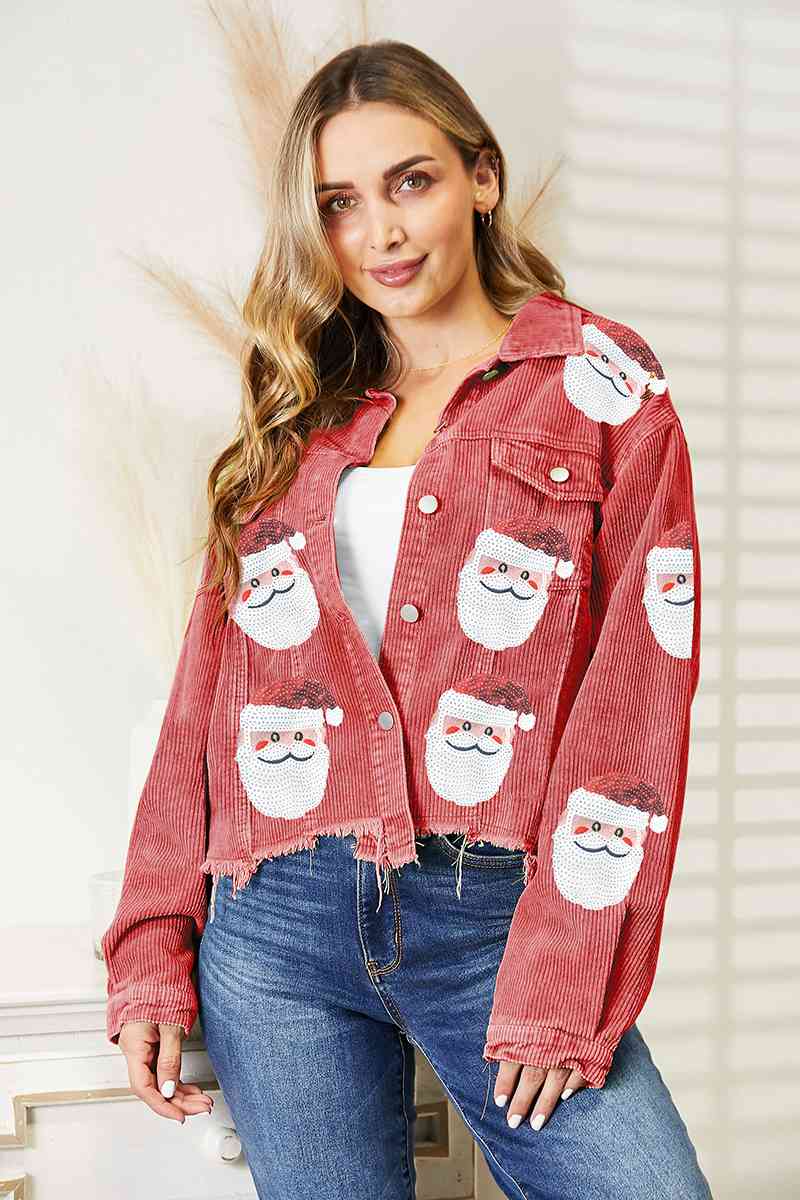 Santa Sequin Raw Hem Buton Front Jacket