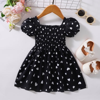 Heart Print Smocked Square Neck Dress