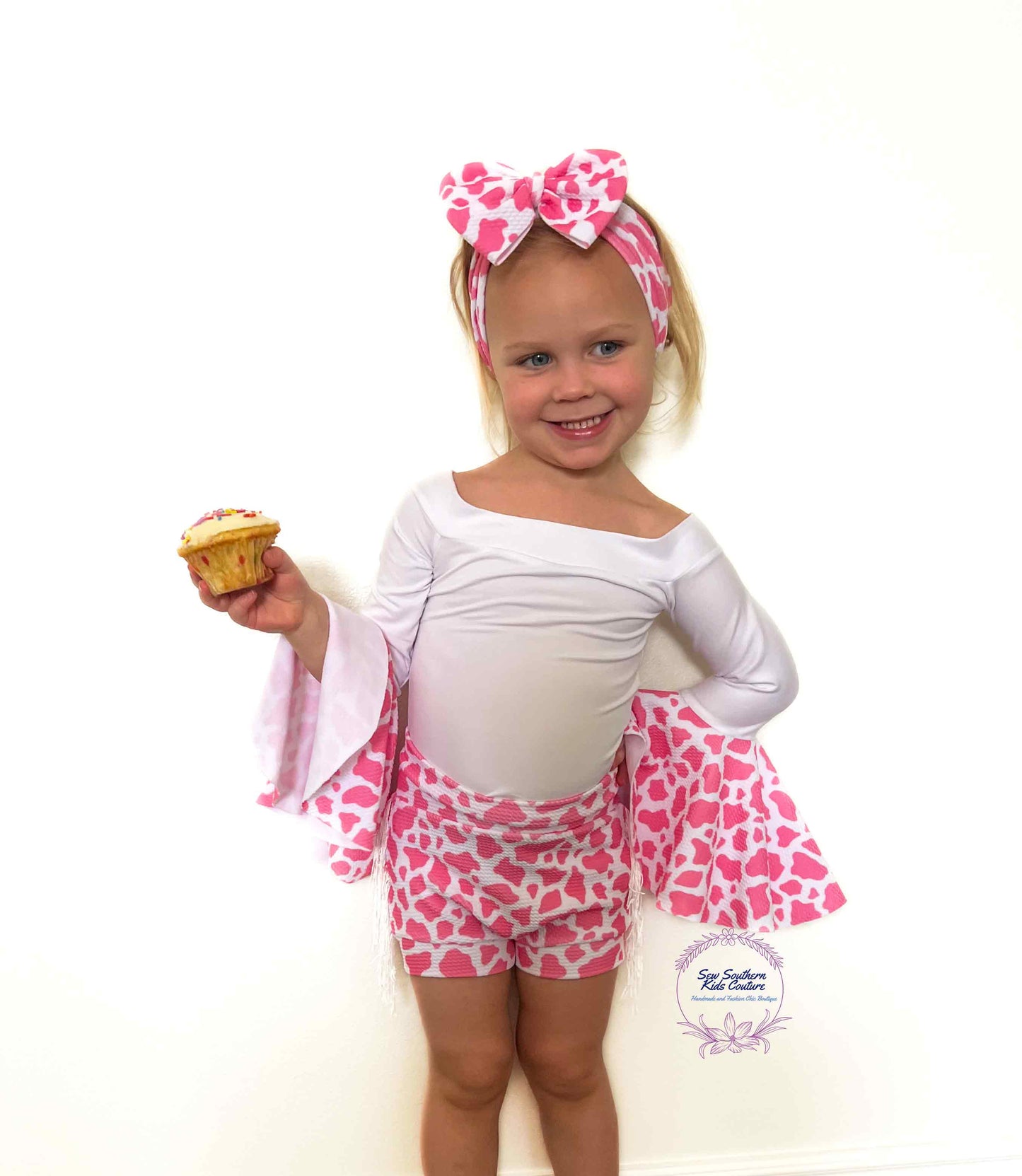 Cassidy Pink Cow Spots Bell Sleeve Leotard and High Waisted Fringed  Bummie Outfit