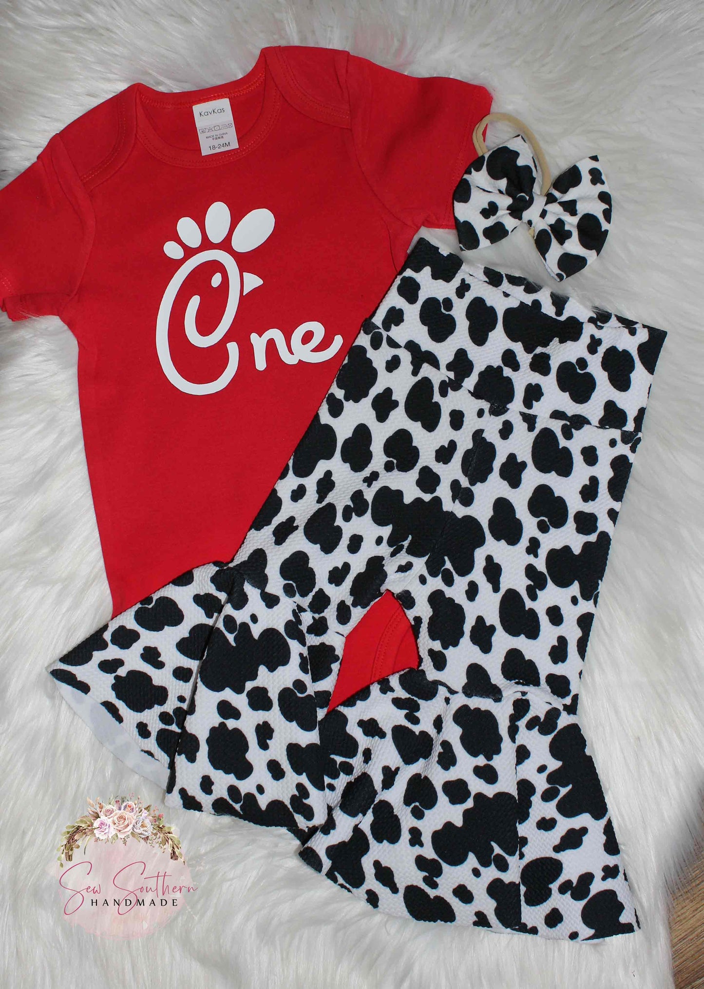 Western Cow Print "One" First Birthday Bell Bottoms and Bodysuit Outfit