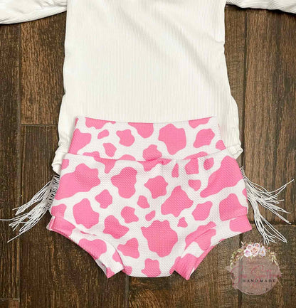 Cassidy Pink Cow Spots Bell Sleeve Leotard and High Waisted Fringed  Bummie Outfit