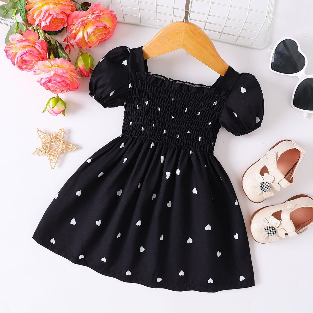 Heart Print Smocked Square Neck Dress