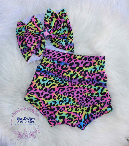 Neon Cheetah/Leopard Bummies and Bow