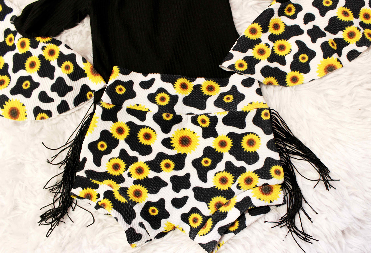 Helena Cow Spots and Sunflowers Bell Sleeve Leotard and High Waisted Fringed  Bummie Outfit