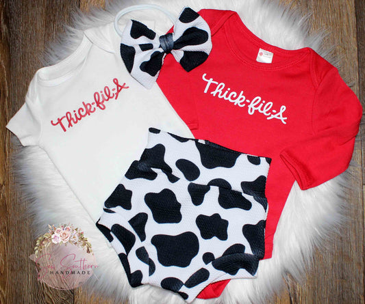 Thick Fil A Baby Bodysuit and Cow Print Bummies with Bow